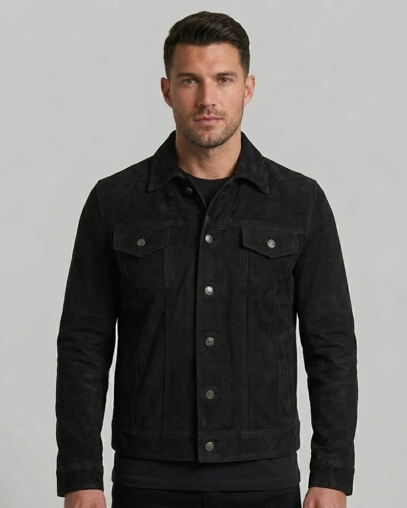 Men's Trucker Premium Black Suede Leather Jacket