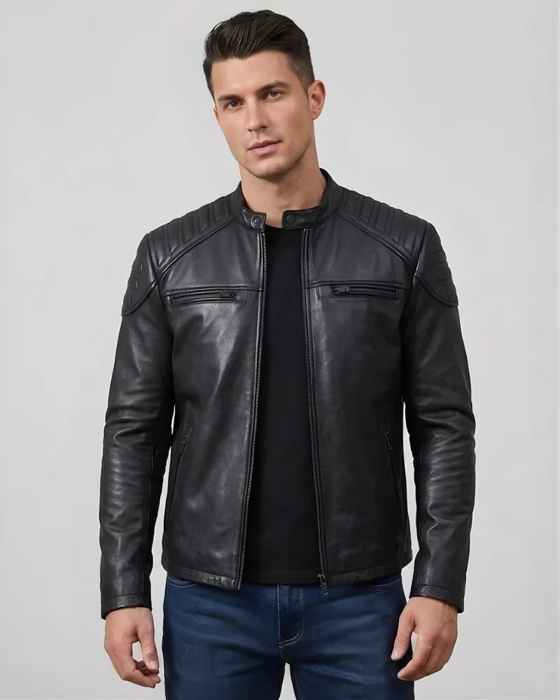 Men's Sheepskin Leather Motorcycle Jacket in Padded Design