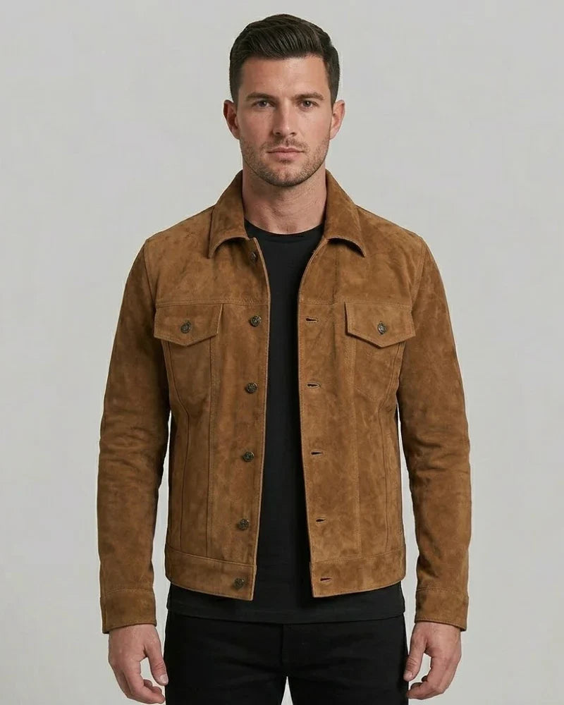 Men's Tan Button Down Real Suede  Leather Jacket