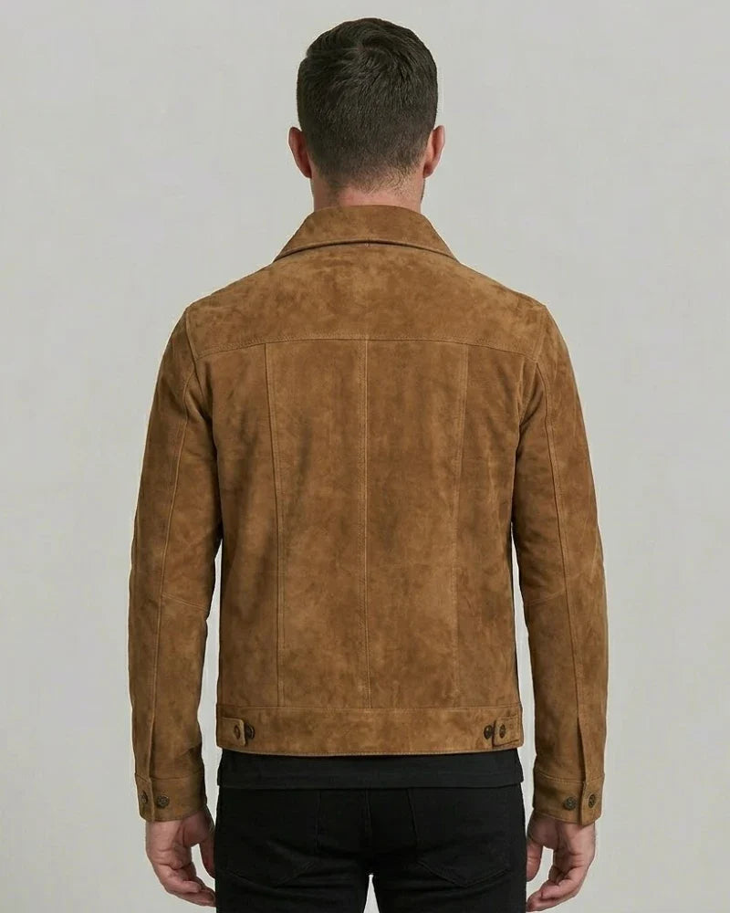 Men's Tan Button Down Real Suede  Leather Jacket
