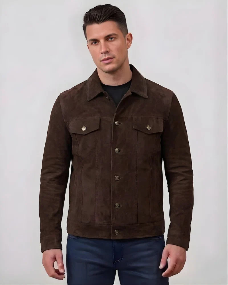 Men's Dark Brown Suede Trucker Style Jacket