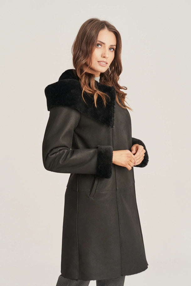 Mirella - Women's Shearling Black Leather Coat with Hood