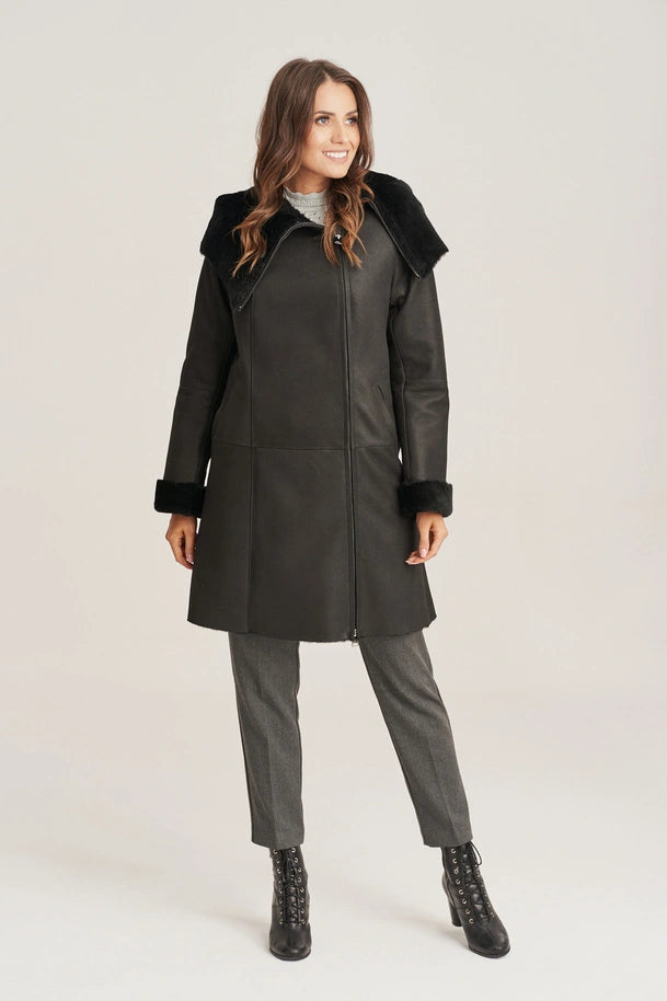 Mirella - Women's Shearling Black Leather Coat with Hood