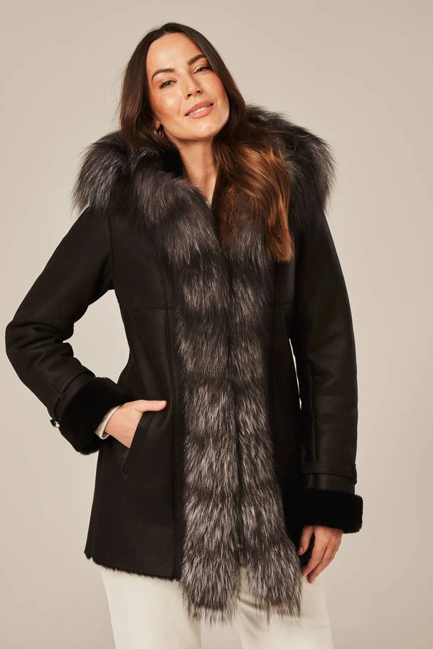 Noira - Women's Black Shearling Coat with Fur Hood