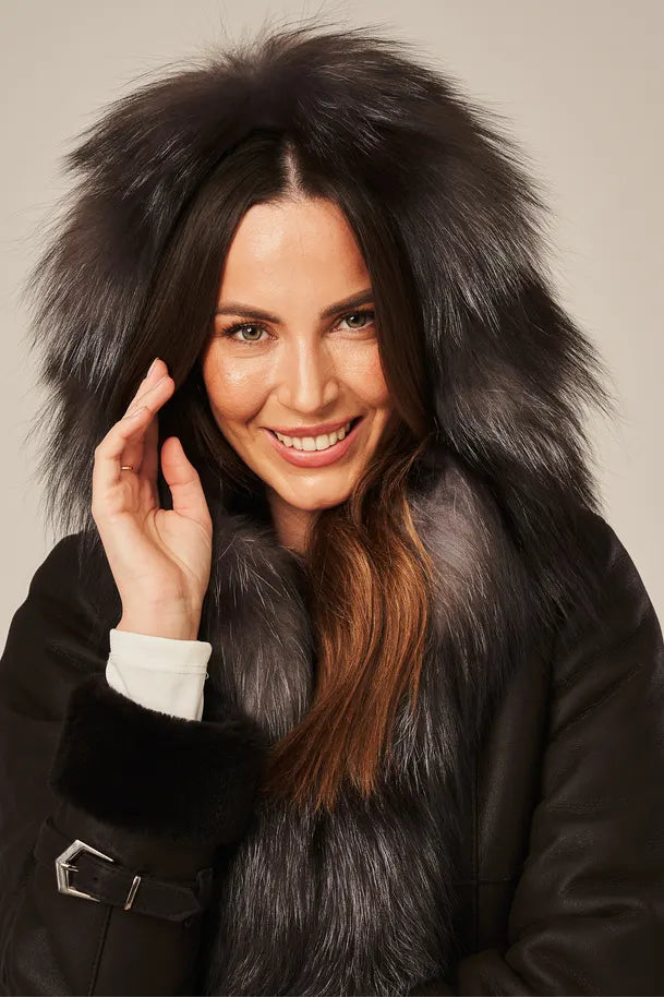 Noira - Women's Black Shearling Coat with Fur Hood