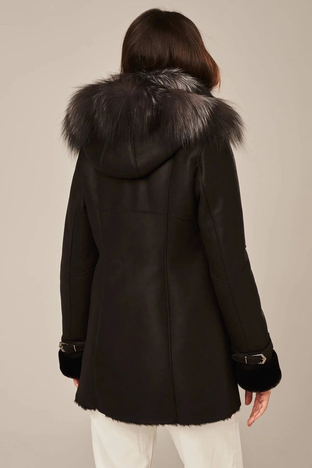 Noira - Women's Black Shearling Coat with Fur Hood