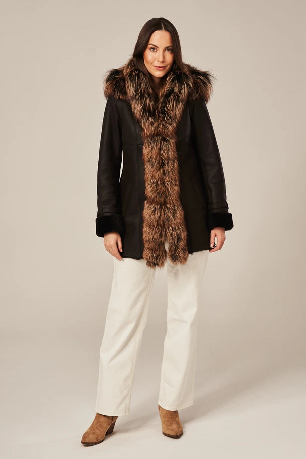 Noira - Women's Shearling Coat with Fur Hood