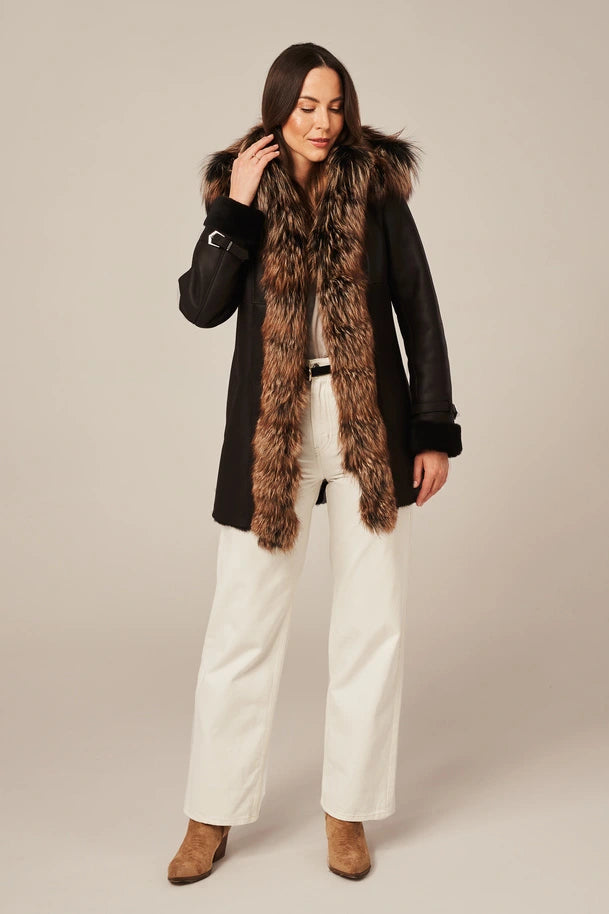 Noira - Women's Shearling Coat with Fur Hood