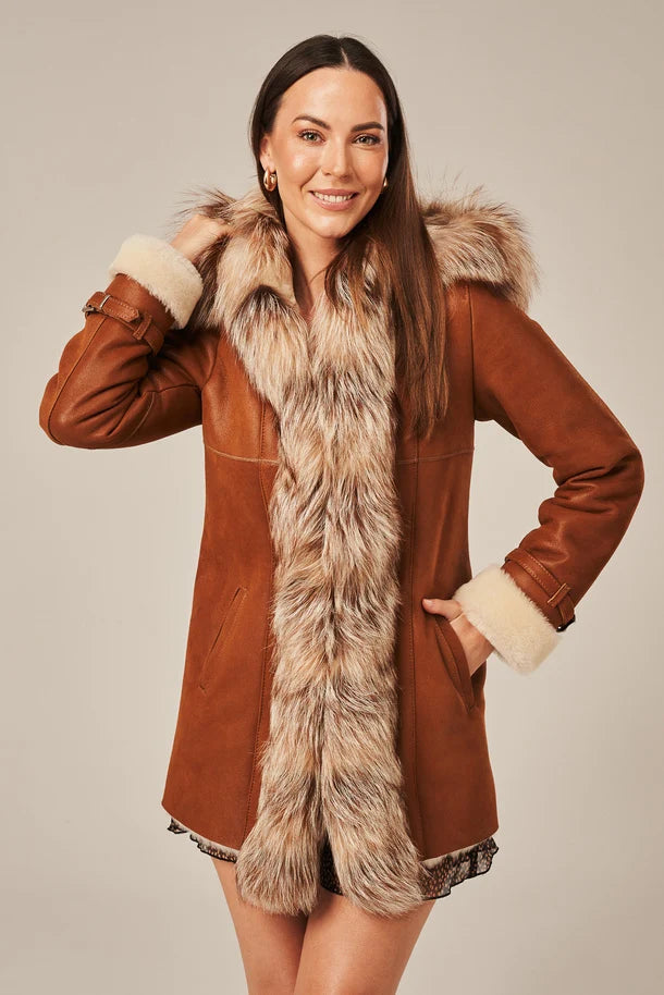 Noira - Women's Tan Brown Shearling Coat with Fur Hood