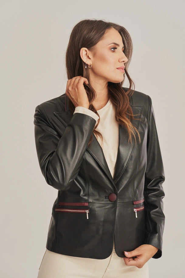 Orlina - Women's Black One Button Leather Blazer