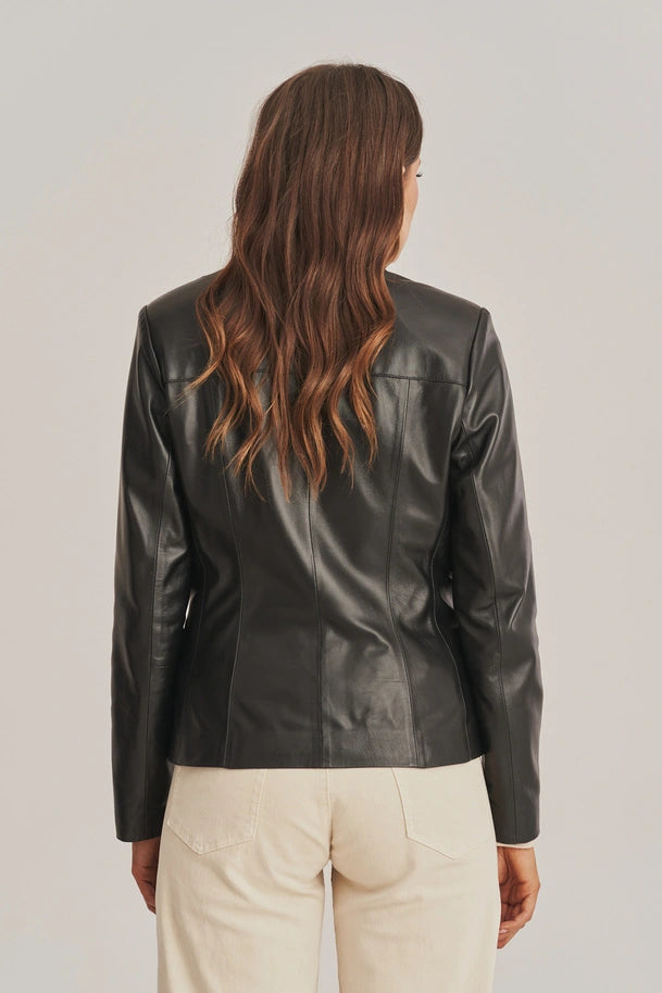 Orlina - Women's Black One Button Leather Blazer