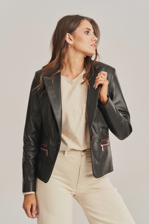 Orlina - Women's Black One Button Leather Blazer