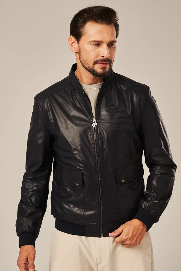 Torin - Men's Dark Blue Leather Bomber Jacket