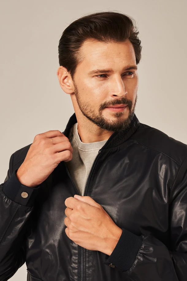 Torin - Men's Dark Blue Leather Bomber Jacket