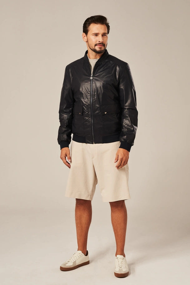 Torin - Men's Dark Blue Leather Bomber Jacket