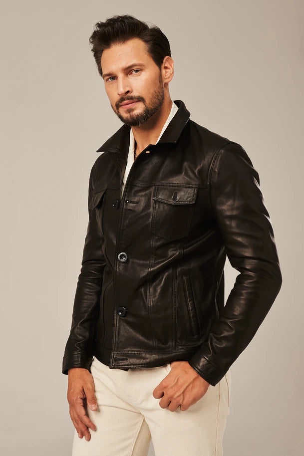 Vaelor - Men's Black Trucker Leather Jacket