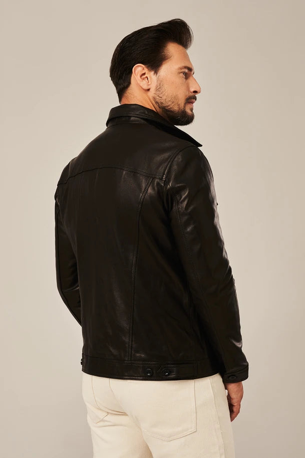 Vaelor - Men's Black Trucker Leather Jacket
