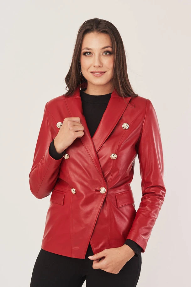 Vanthea - Women's Sheepskin Red Leather Blazer