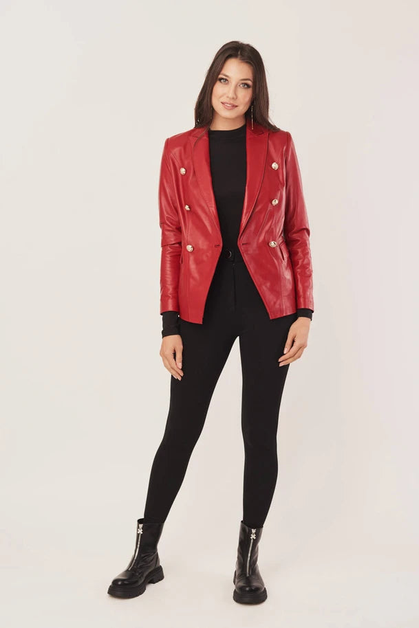 Vanthea - Women's Sheepskin Red Leather Blazer