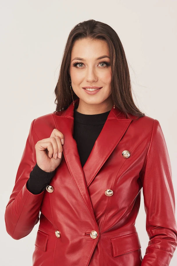 Vanthea - Women's Sheepskin Red Leather Blazer