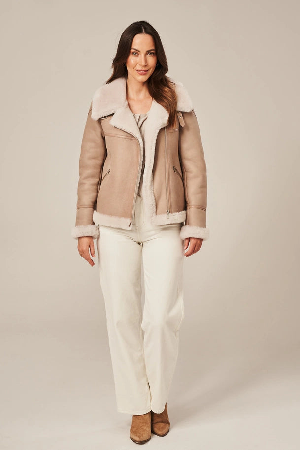 Vella - Women's Beige Pilot Shearling Jacket