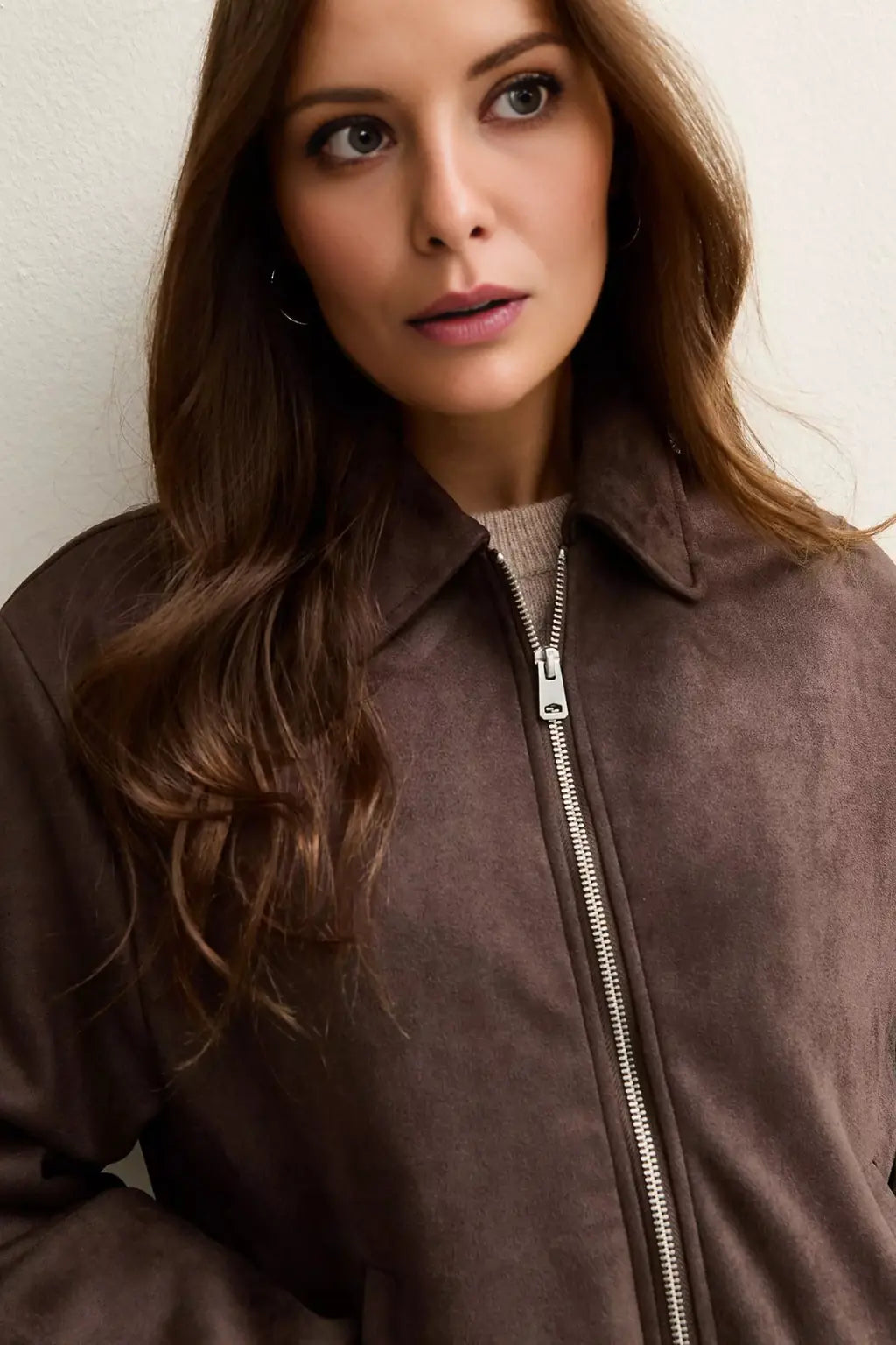 Vespera - Women's Suede Leather Brown Bomber Jacket