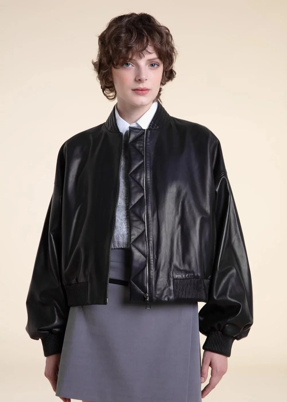 Viona - Women’s Black Oversized Leather Bomber Jacket