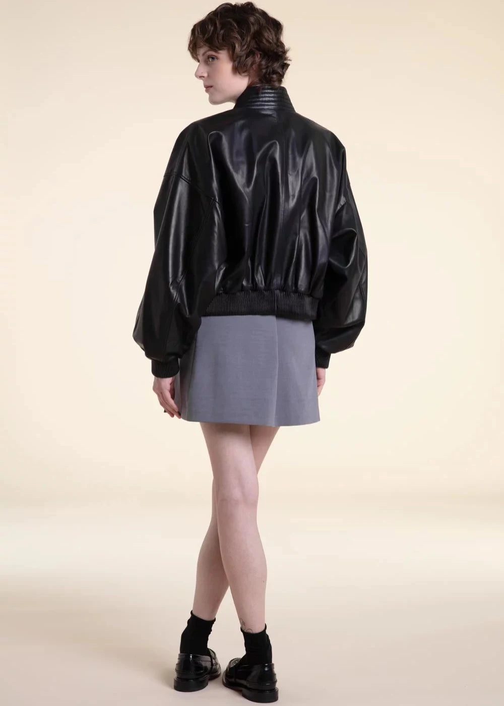 Viona - Women’s Black Oversized Leather Bomber Jacket