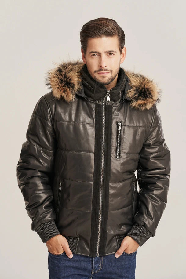 Voren - Men's Bomber Style Hooded Puffer Leather Jacket