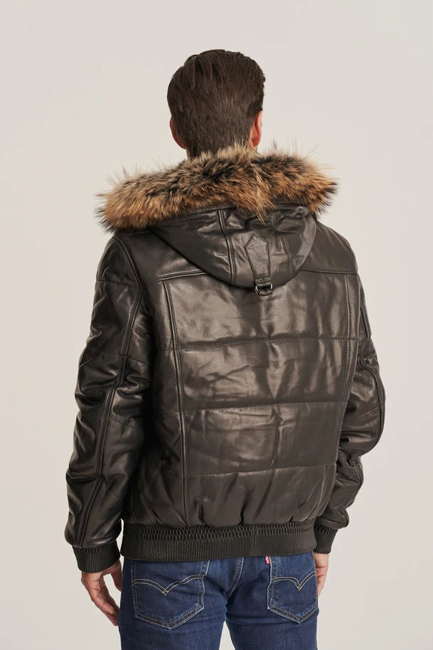Voren - Men's Bomber Style Hooded Puffer Leather Jacket