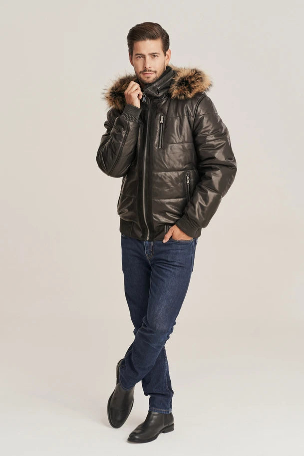 Voren - Men's Bomber Style Hooded Puffer Leather Jacket
