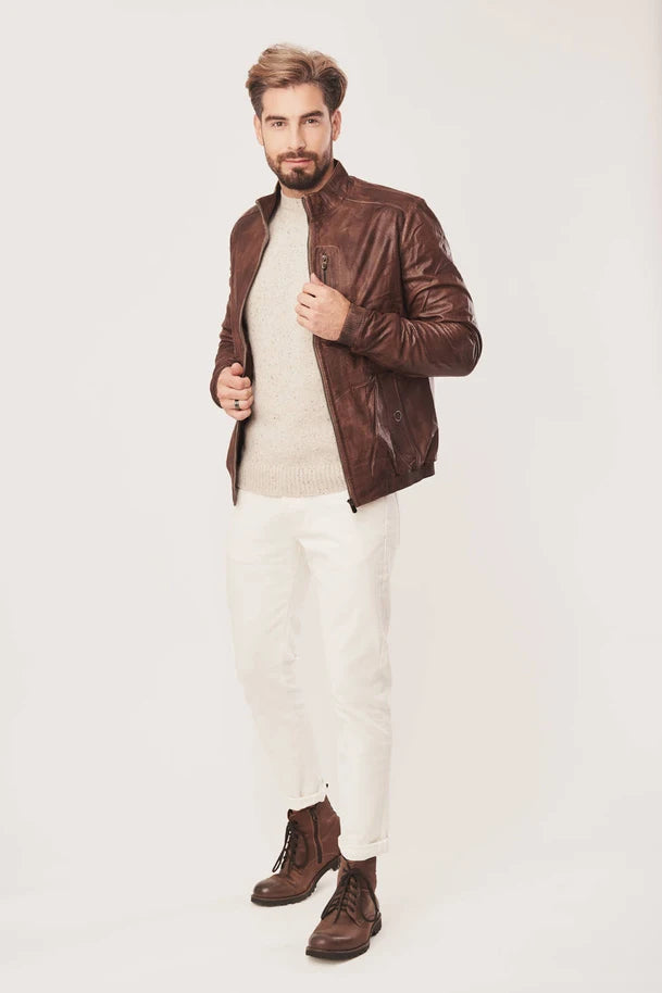 Vorn - Men's Distressed Brown Leather Bomber Jacket