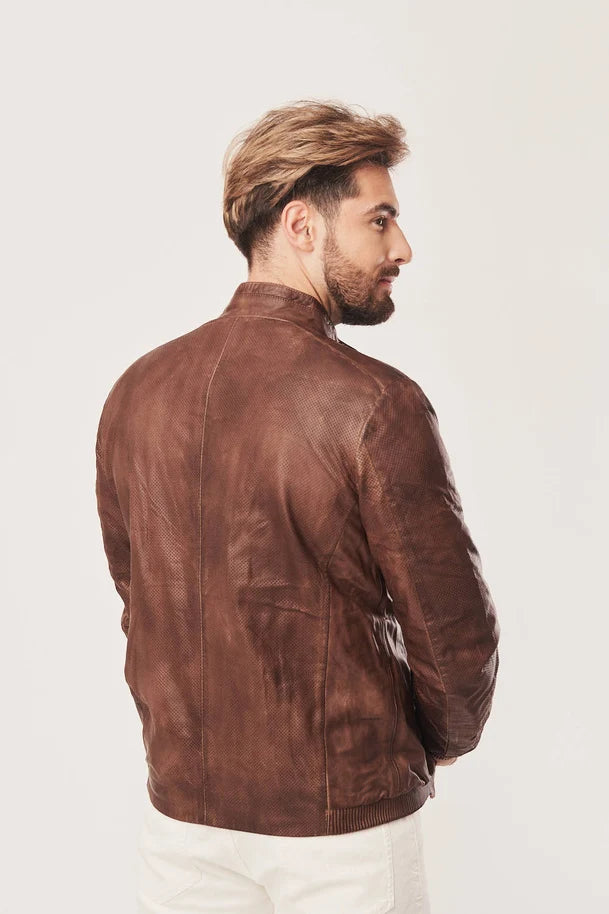 Vorn - Men's Distressed Brown Leather Bomber Jacket