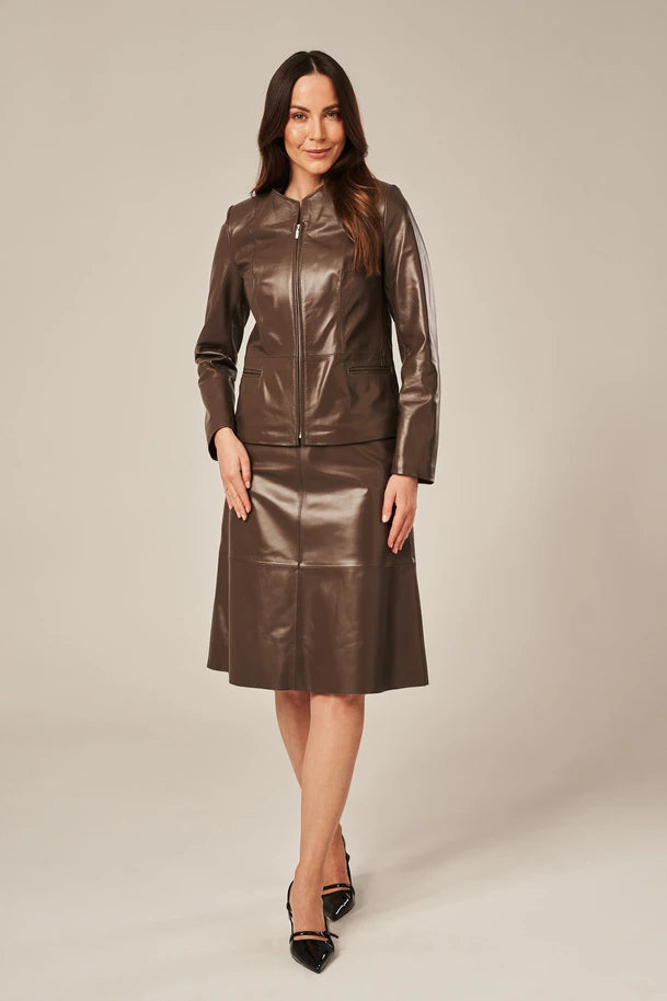 Yelira - Women's Sheepskin Brown Collarless Leather Jacket