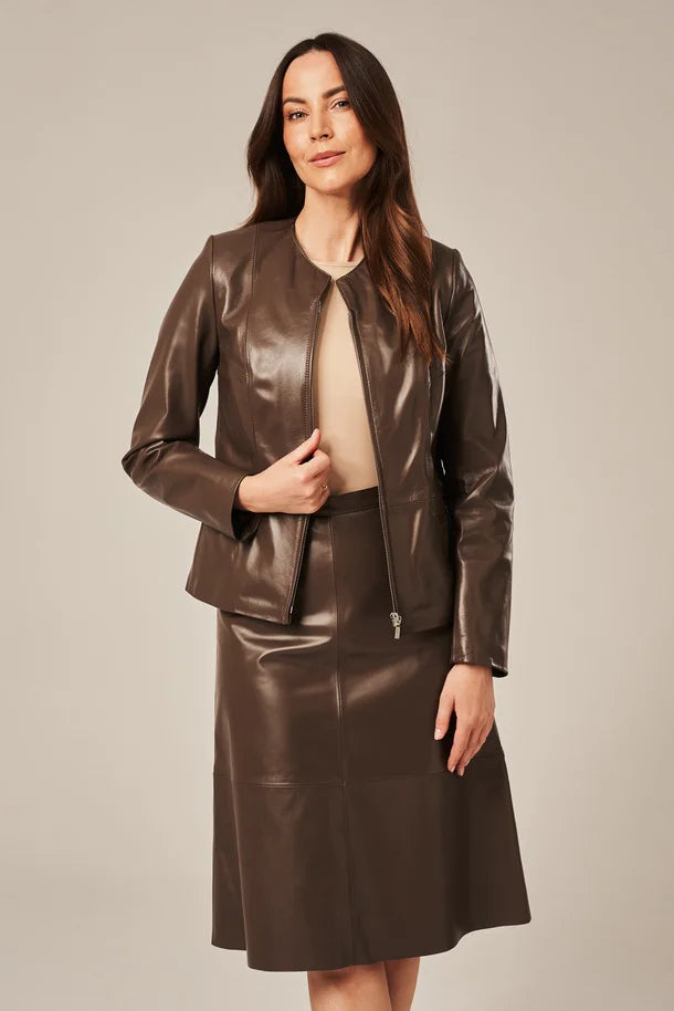 Yelira - Women's Sheepskin Brown Collarless Leather Jacket