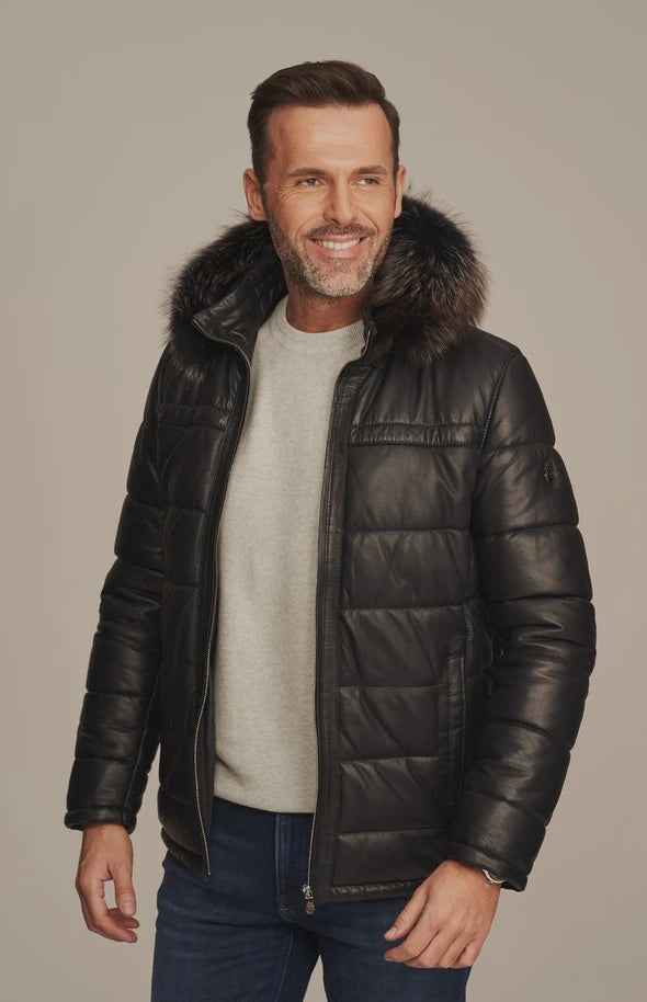 Zayrik - Men's Black Puffer Leather Jacket with Hood