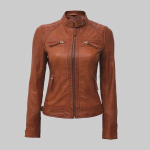 Women Tan Quilted Motorcycle Leather Jacket