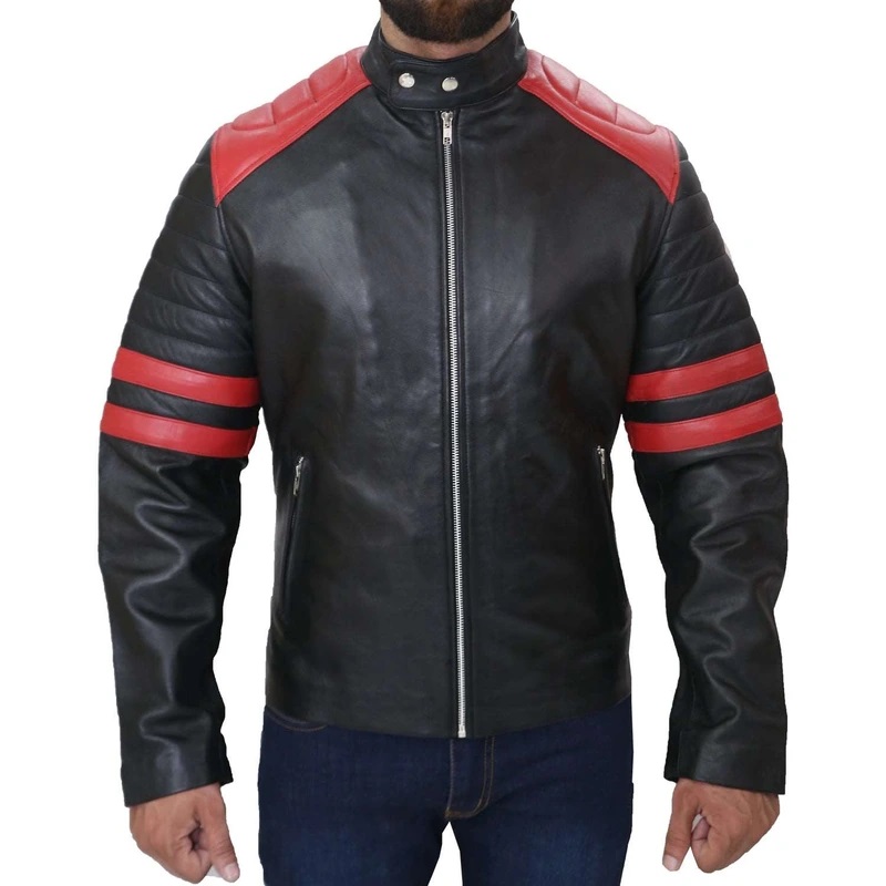Men's Black Cafe Racer Biker Jacket With Red Strip