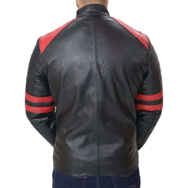 Men's Black Cafe Racer Biker Jacket With Red Strip