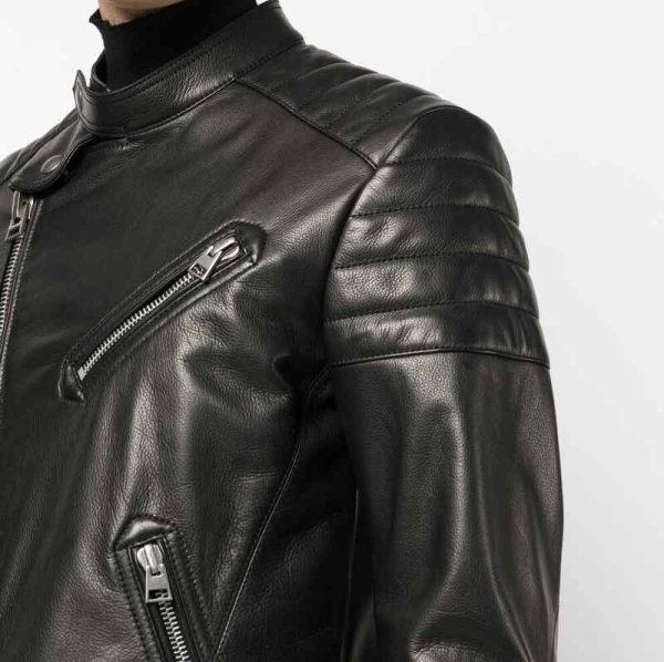 Men's Classic Biker Cross Zip Black Leather Jacket