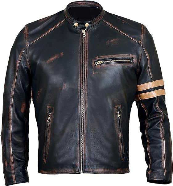 Men's New Distressed Black Cafe Racer Biker Jacket