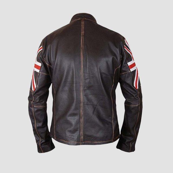 Men's Biker Vintage Distressed Brown Cafe Racer Leather Jacket With British Flag