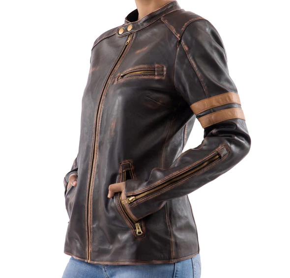 Women's Distressed Café Racer Vintage Brown Leather Jacket