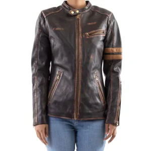 Women's Distressed Café Racer Vintage Brown Leather Jacket