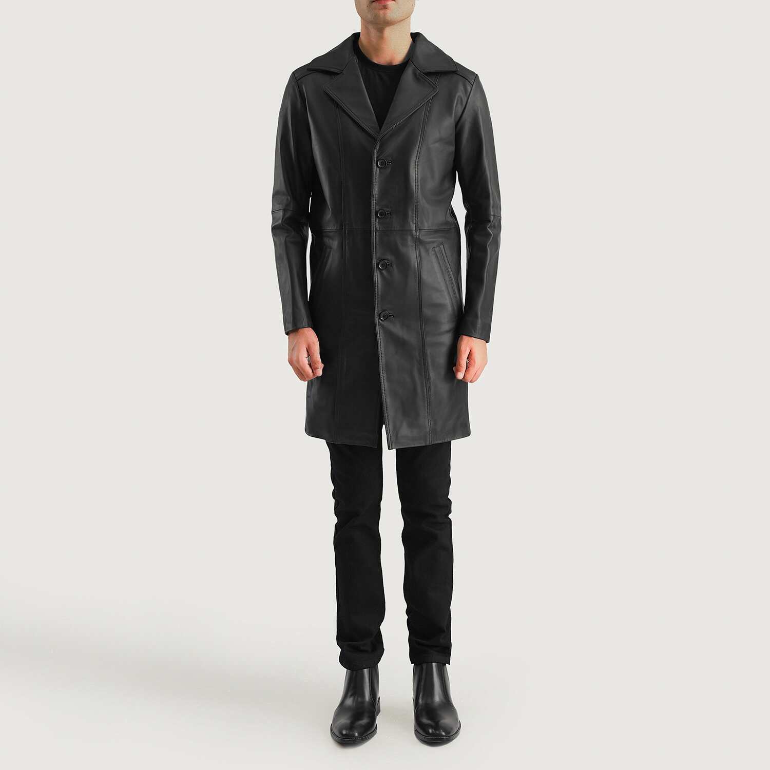 Men's Black New Long Leather Trench Coat