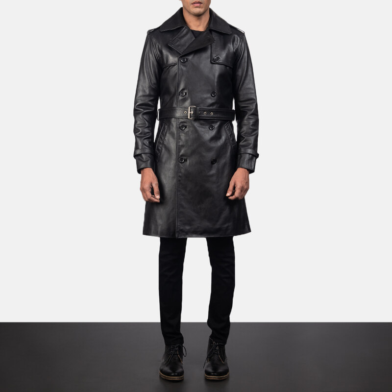 Men's New Stylish Black Leather Trench Coat