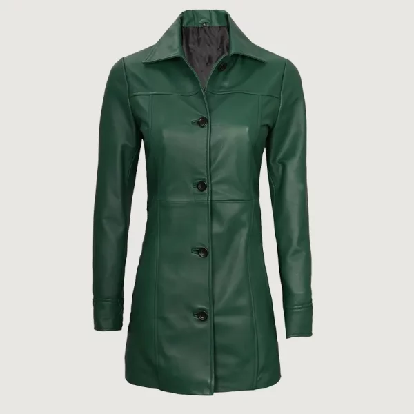 Women's Real Leather Green Car Coat