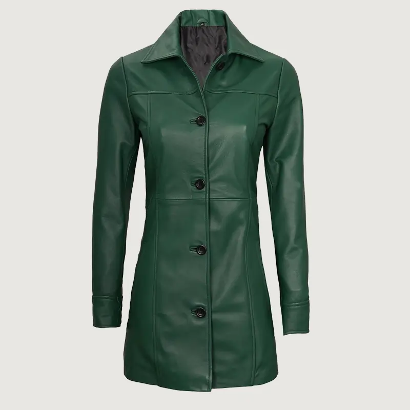 Women's Real Leather Green Car Coat