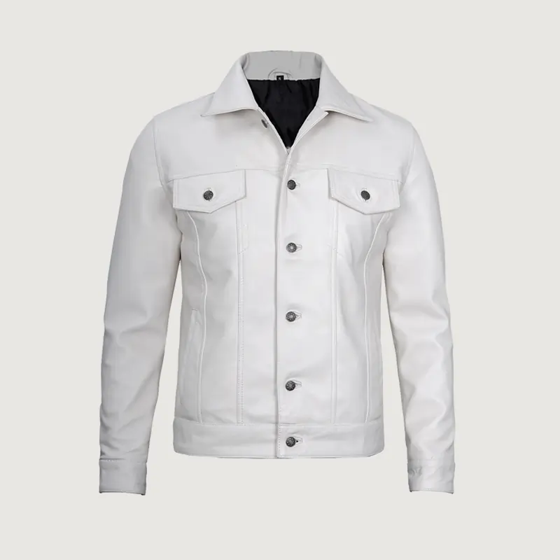 Men's New Biker Style Trucker White Color Leather Jacket