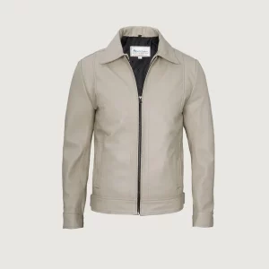 Mens Classic Shirt Collar Beige Leather Jacket